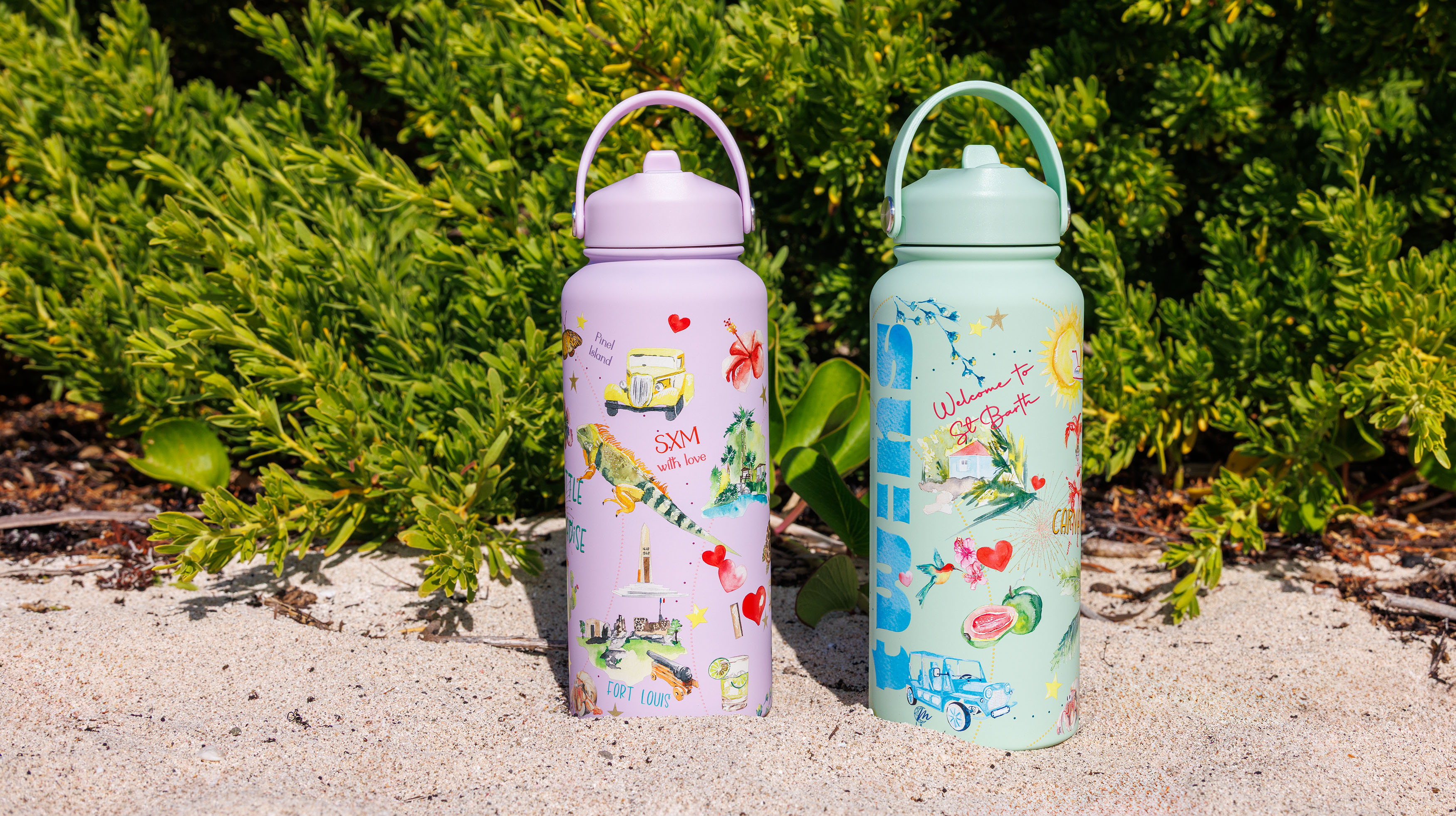 Création d'une gourde illustrée à l'aquarelle pour Twins Sportswear sur Saint-Martin et Saint-Barth - July On The Moon