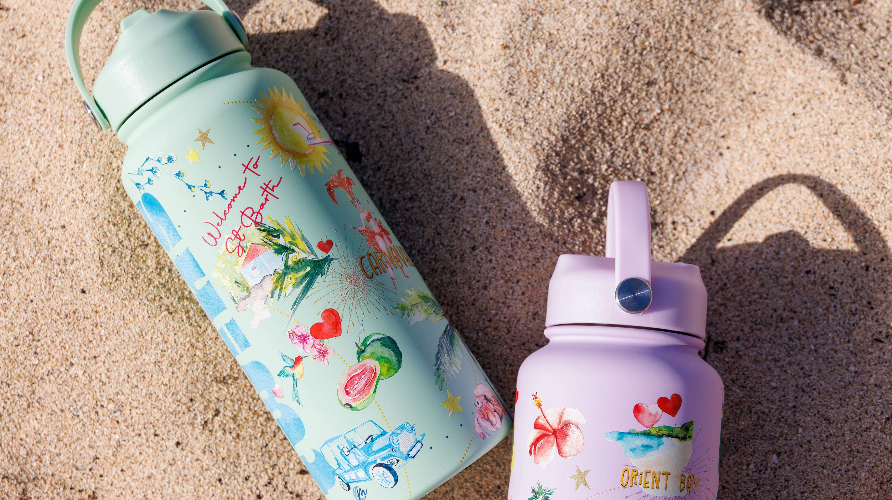 Création d'une gourde illustrée à l'aquarelle pour Twins Sportswear sur Saint-Martin et Saint-Barth - July On The Moon