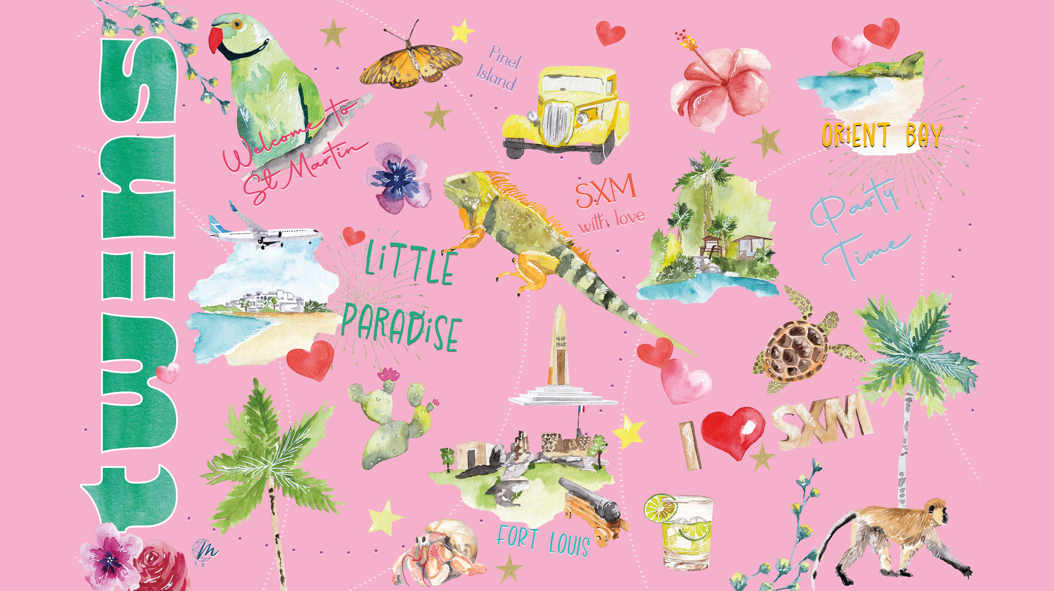 Création d'une gourde illustrée à l'aquarelle pour Twins Sportswear sur Saint-Martin - July On The Moon