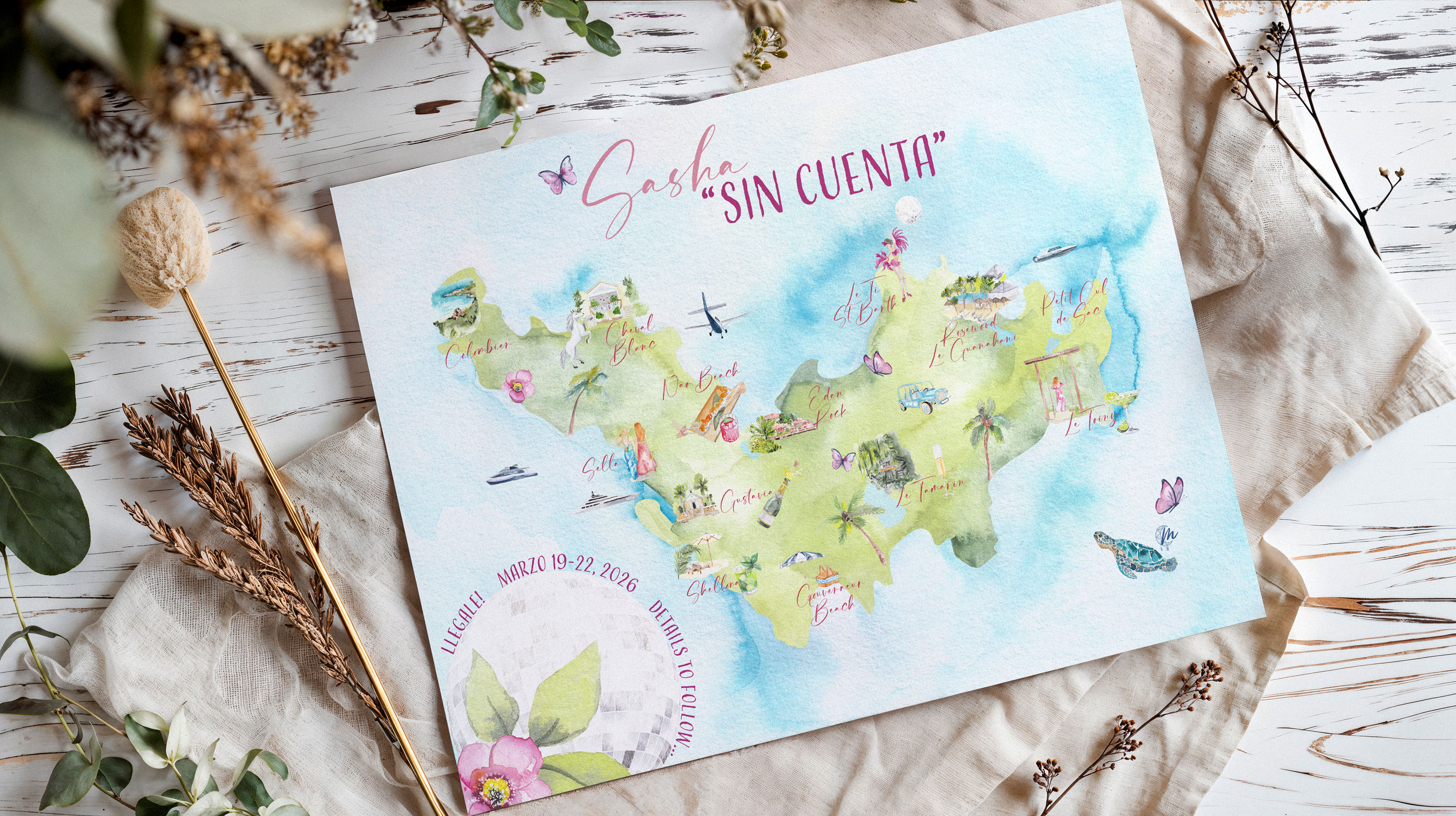 Création de papeterie d'anniversaire illustrée à l’aquarelle sur-mesure - July On The Moon