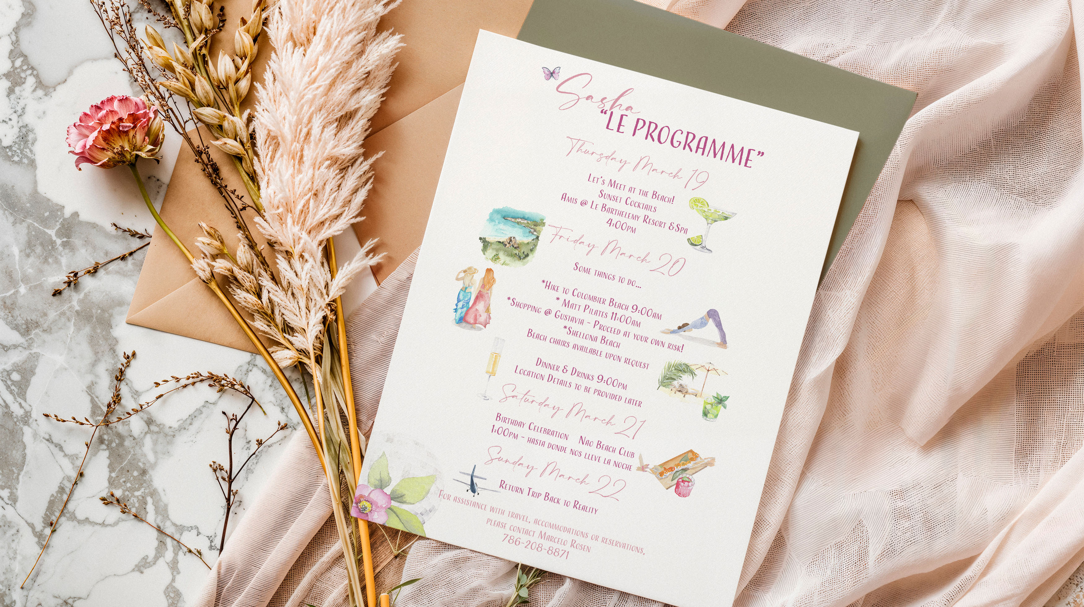 Création de papeterie d'anniversaire illustrée à l’aquarelle sur-mesure - July On The Moon