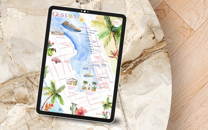 Création d’une carte illustrée à l’aquarelle pour Epic Presentation et les passagers du Ritz Carlton Yacht - Moon St Barth